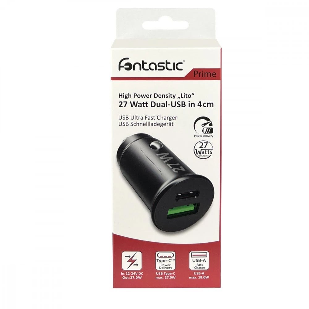 Caricatore da Auto USB A e USB-C 27 Watt PD Power Delivery Fast Charge 3 3A Nero