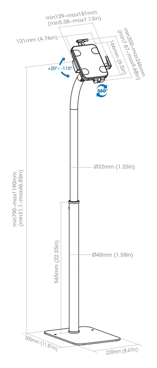 Supporto da Pavimento Antifurto per Tablet 7,9-11'' con Rotazione 360°
