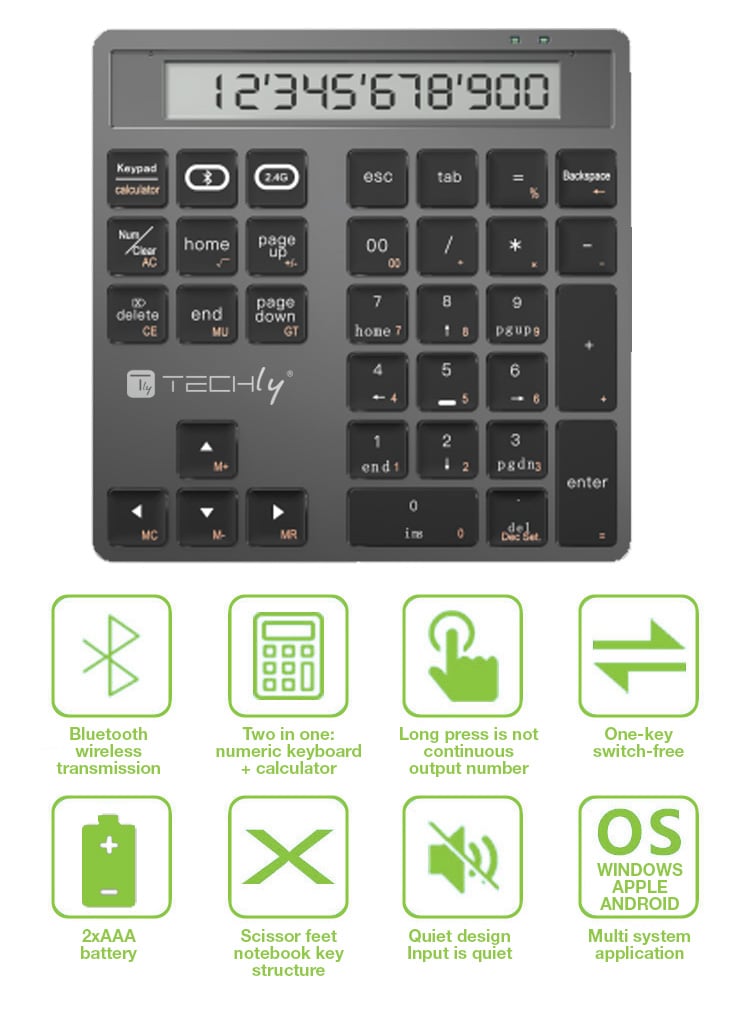 Tastierino Numerico BT V5.0 Wireless 2in1 con Calcolatrice Grigio Scuro