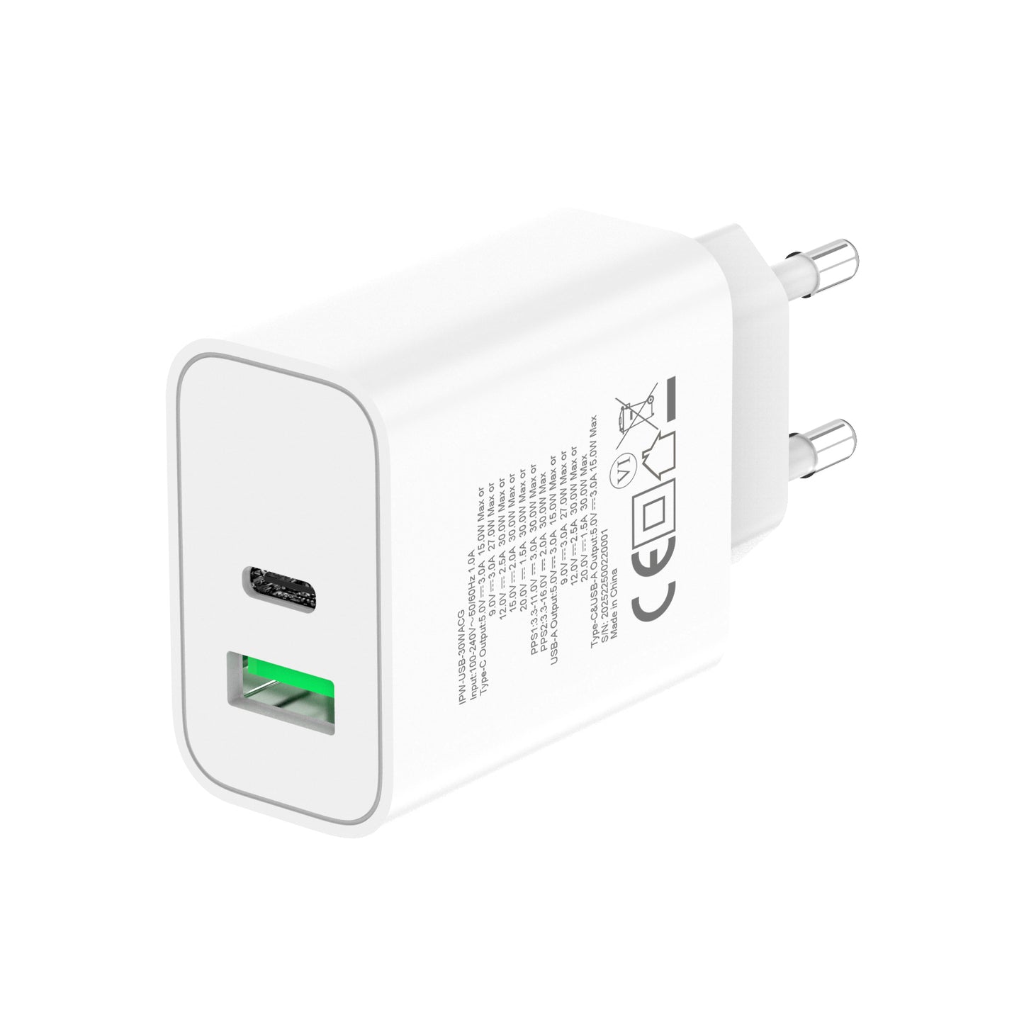Caricatore Alimentatore GaN USB-C 30W e USB-A QC3.0 da Muro