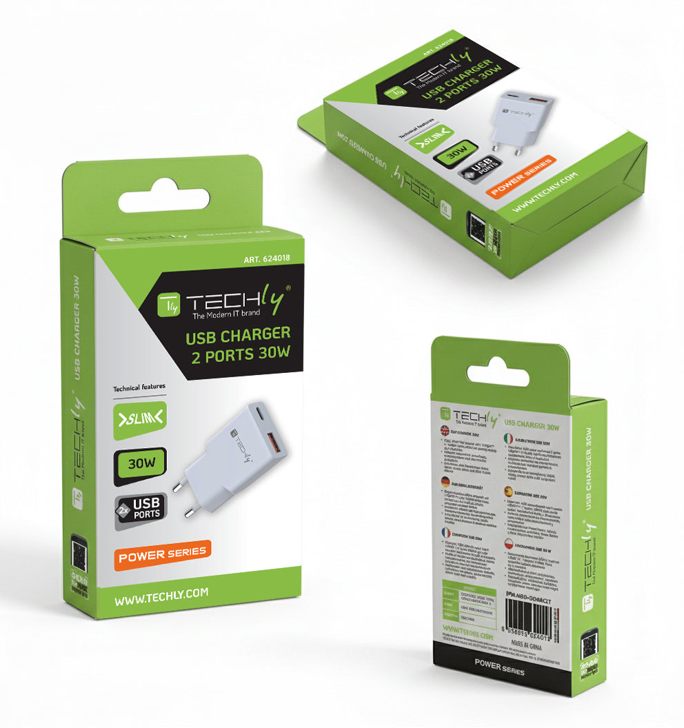 Caricatore Alimentatore USB-C 30W e USB-A QC da Muro