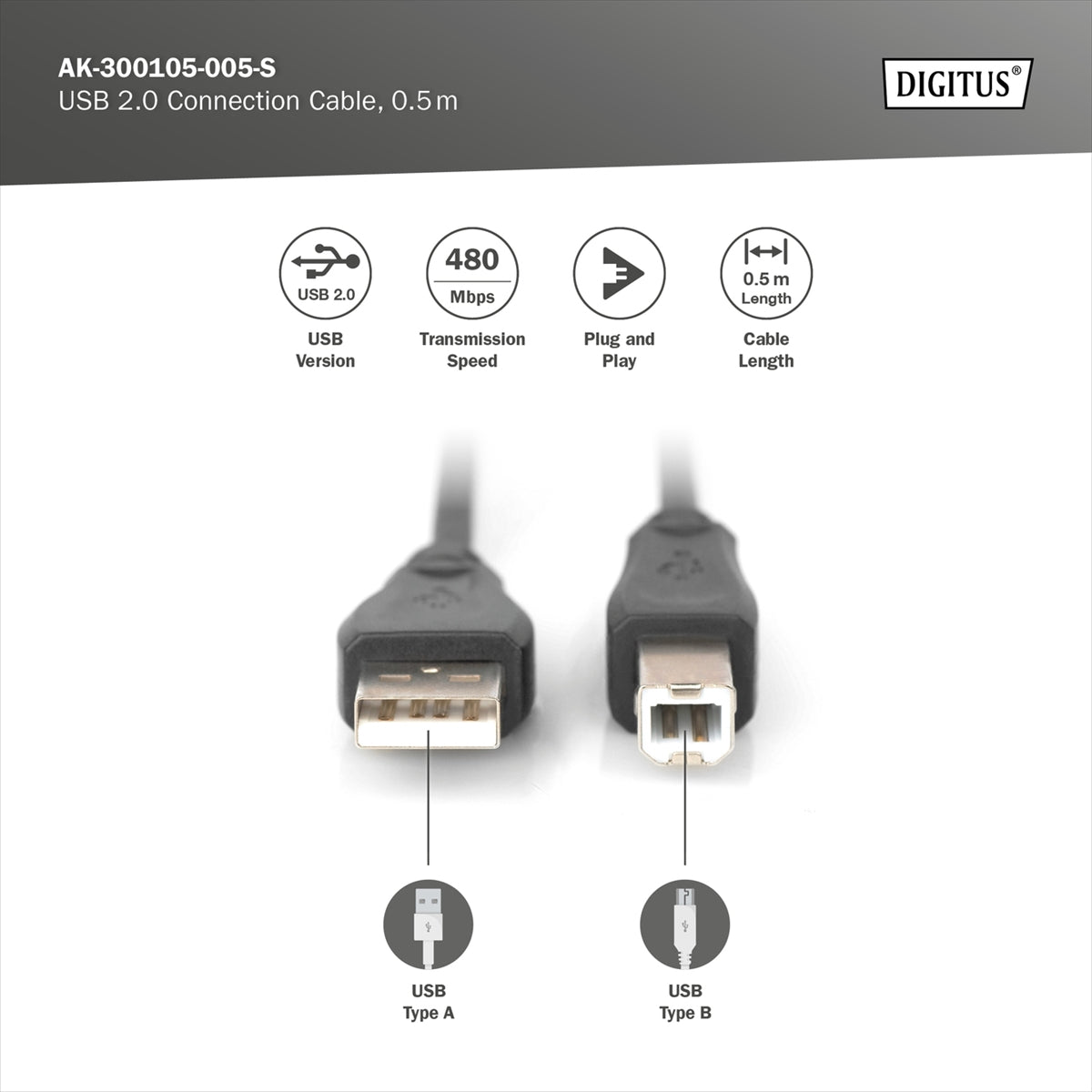 DIGITUS Cavo di collegamento USB 2.0 mt 1 colore nero