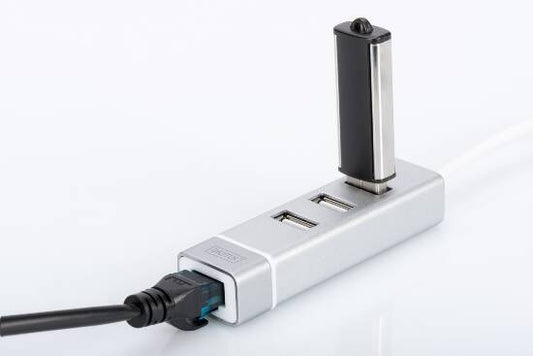 HUB CON 3 PORTE USB 2.0 TIPO A E 1 PORTA RETE RJ45, CONNETTORE MASCHIO TIPO C