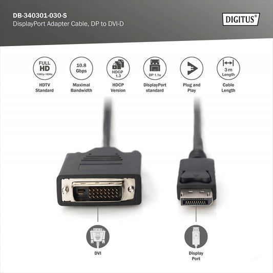 Cavo adattatore DisplayPort, da DP a DVI-D 3 mt. colore nero