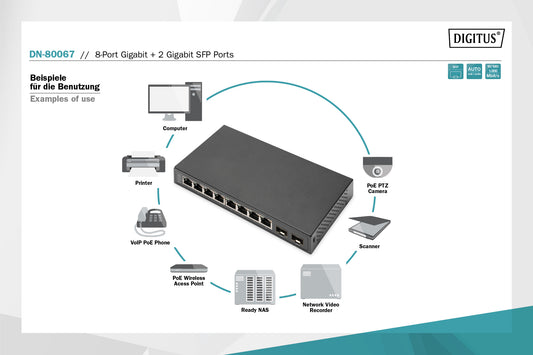 Switch 8-Porte Gigabit + 2 Gigabit SFP Ethernet, Unmanaged