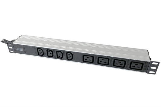 Multiple socket outlet with aluminium profile, 4x C13, 4x C14, 2x 16A plug, open end