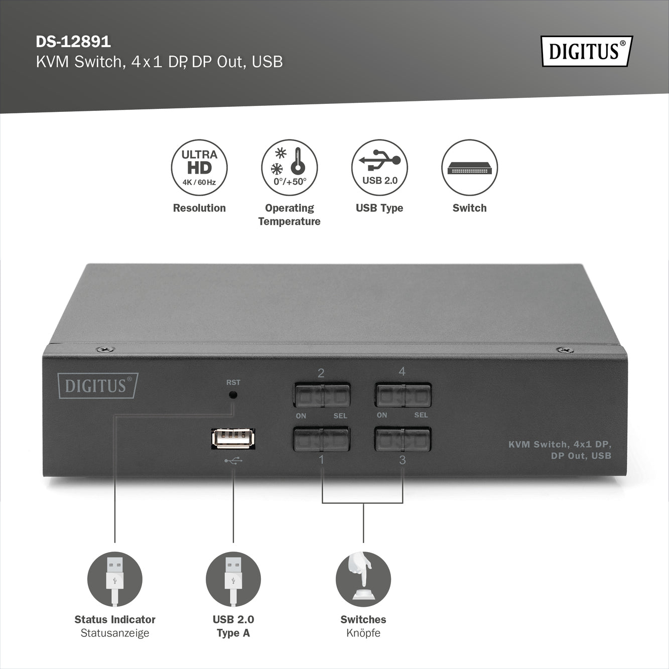 Switch KVM, 4x1 DP, DP Out, USB