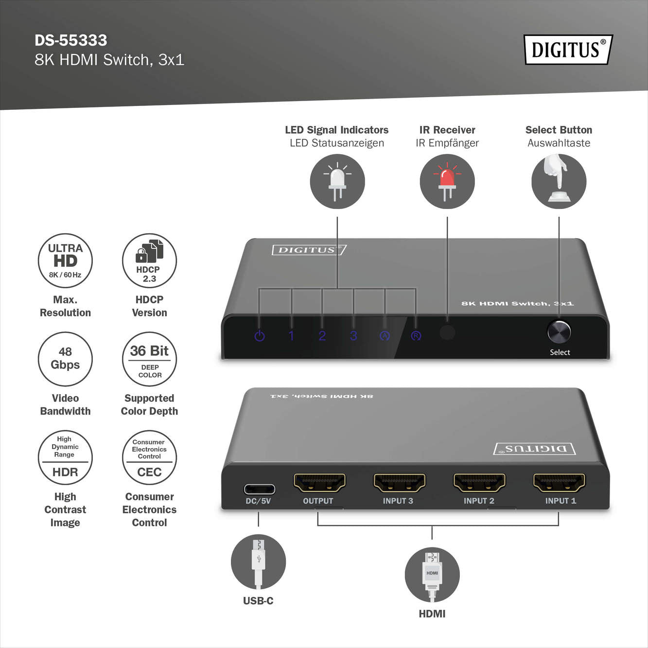 SWITCH HDMI 3x1 8K/60Hz (4:4:4), HDR, HDCP 2.3