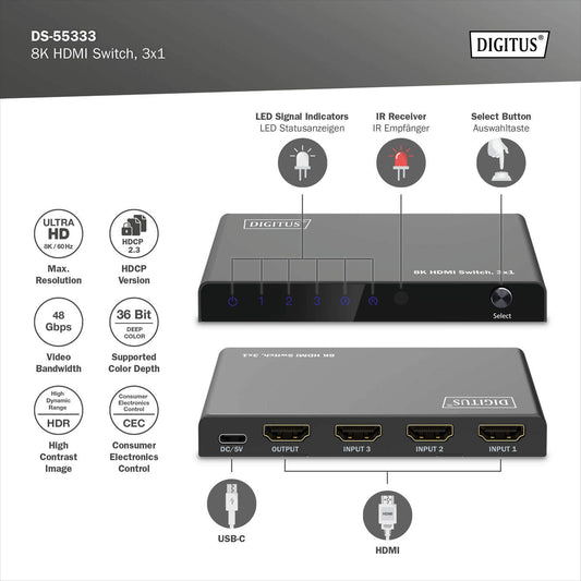 SWITCH HDMI 3x1 8K/60Hz (4:4:4), HDR, HDCP 2.3