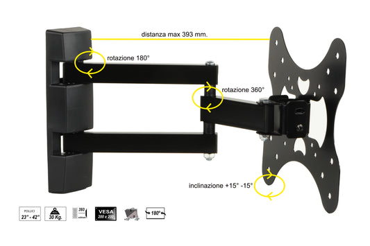 STAFFA A MURO ORIENTABILE A 3 NODI PER TV 23-42" FINO A VESA 200X200
