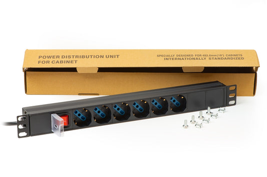 MULTIPRESA DA RACK 19" 6 PRESE UNIVERSALI CON INTERRUTTORE SPINA ITALIANA 16A COLORE NERO VITI INCLUSE