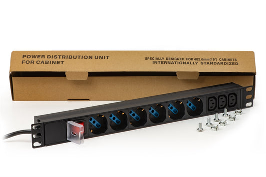 MULTIPRESA DA RACK 19" CON 6 PRESE UNIVERSALI + 3 PRESE C13 CON INTERRUTTORE SPINA ITALIANA 16A