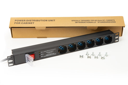 MULTIPRESA DA RACK 19" 6 PRESE UNIVERSALI CON INTERRUTTORE SPINA ITALIANA 16A E INTERRUTTORE CONTRO LE SOVRATENSIONI