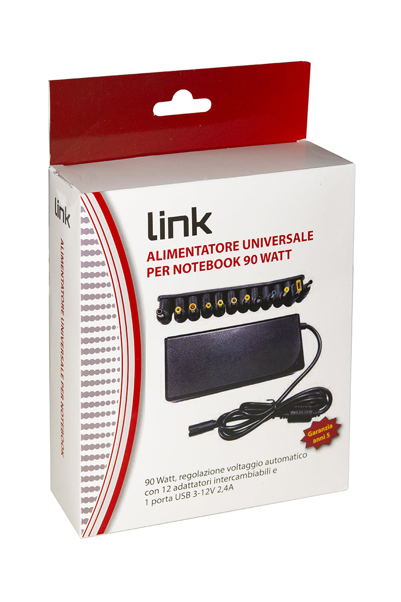 ALIMENTATORE UNIVERSALE PER NOTEBOOK 90 WATT 5A MAX, REGOLAZIONE AUTOMATICA 12-20 VOLT CON 12 ADATTATORI , 1 PORTA USB PER RICARICA 5 VOLT 18 WATT