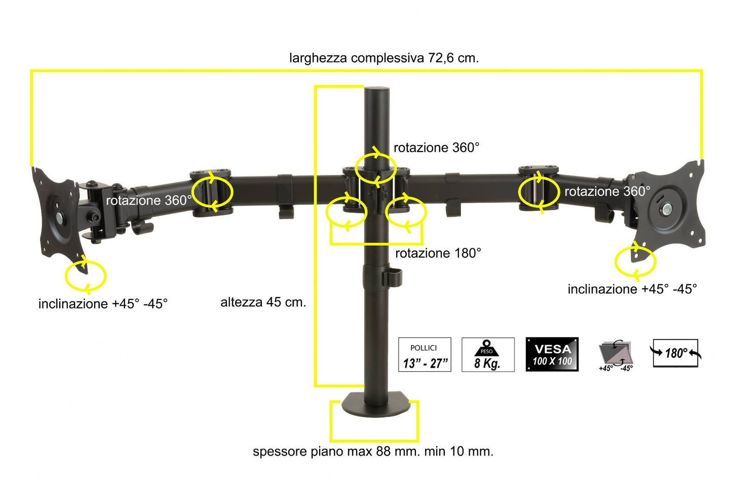 BRACCIO SUPPORTO DA TAVOLO CON MORSA PER 2 MONITOR 13-27" FINO A 8 KG A 3 SNODI