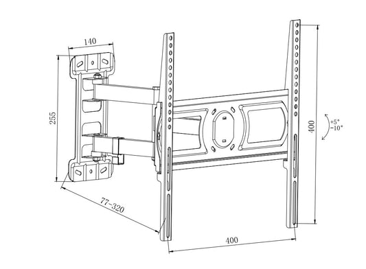 STAFFA A MURO PER TV FINO A 40 KG, DA 32 A 55" FINO A VESA 400X400 CON 3 SNODI ORIENTAMENTO ALTO/BASSO 5-10°ORIENTAMENTO LATERALE 45°