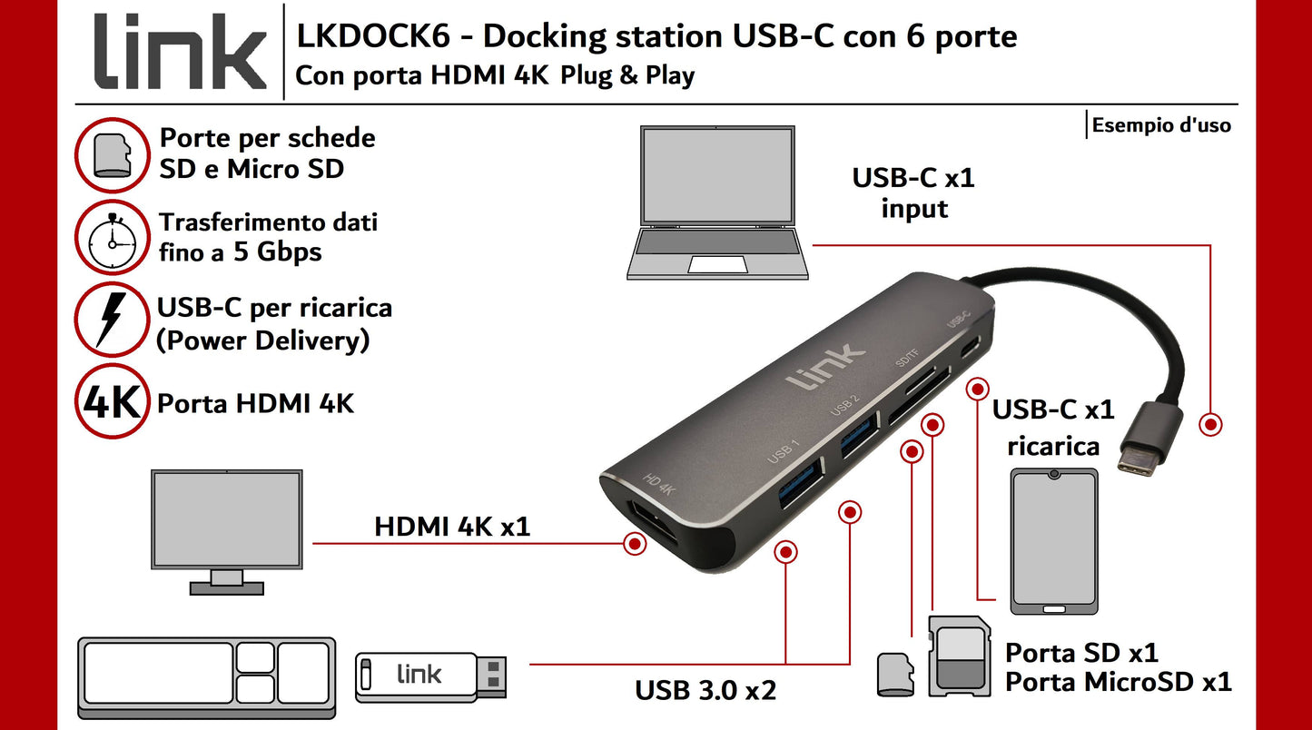 DOCKING STATION USB-C CON 6 PORTE: HDMI® 4K, USB-C, 2XUSB 3.0, LETTORE CARD MICRO SD, SD/MMC