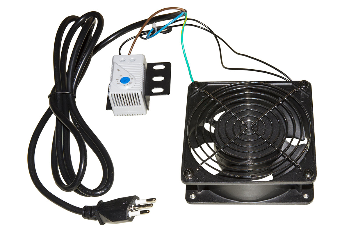 VENTOLA 220 VOLT 120X120 MM UNIVERSALE COLORE NERO PER ARMADI RACK CON TERMOSTATO E CAVO DI ALIMENTAZIONE