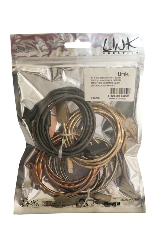 KIT 4 CAVI MICRO USB MT 1 GUAINA ZINCO ALLUMINIO FINO A 2 AMPERE CONNETTORE SCHERMATO COLORI ORO, NERO, ROSA, ARGENTO