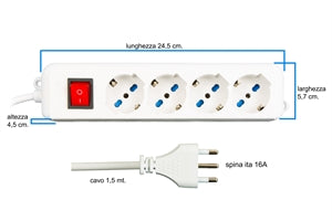 MULTIPRESA 4 PRESE UNIVERSALI ITA/SCHUKO 10/16 A - SPINA 16 A CON INTERRUTTORE