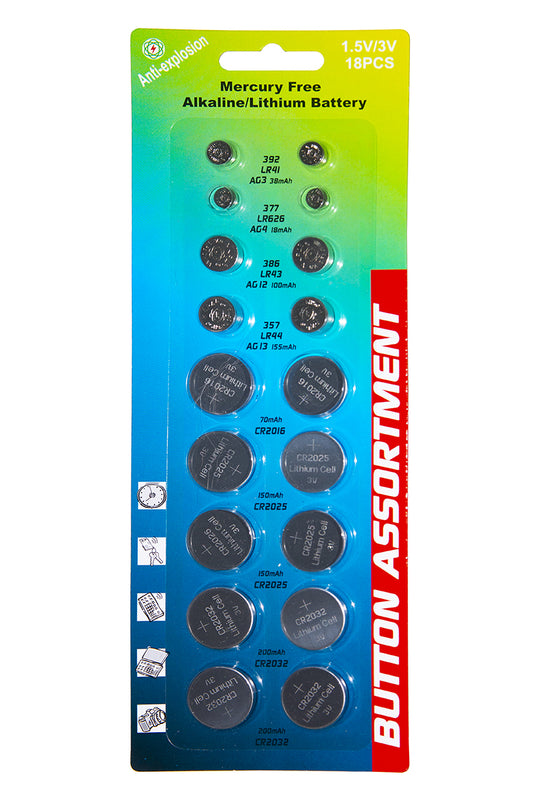 ASSORTIMENTO 18 BATTERIE A BOTTONE ASSORTITE 2 LR41, 2 LR626, 2 LK43, 2 LR44, 4 CR2032, 4 CR2025, 2 CR2016