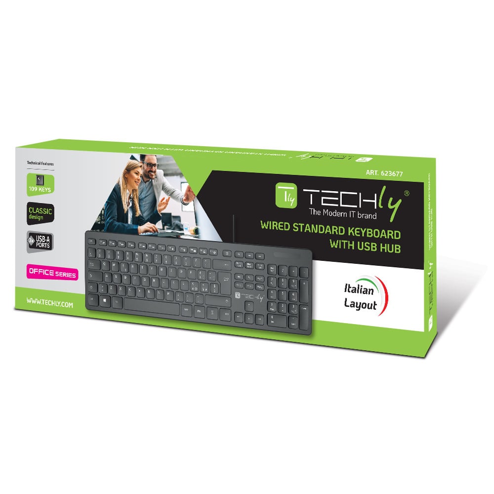 Tastiera USB Standard 109 Tasti Layout Italiano e Hub 3 Porte USB, Nero