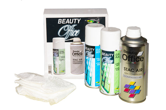 KIT PULIZIA OFFICE CON 1 SPRAY ARIA COMPRESSA 400ML + 1 SPRAY CLEAN SCREEN 200ML + 1 SPRAY CLEAN PLASTIC 200ML + 5 PANNI