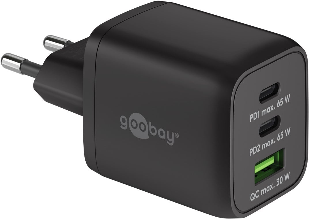 Nano Caricatore Alimentatore GaN 2xUSB-C™ (PD) + USB-A (QC) da Muro 65W Nero