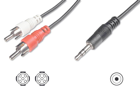 CAVO STEREO PER COLLEGAMENTO CASSE/PC - 1 CONNETTORE 3.5 MM./ 2 CONNETTORI CINCH (RCA) MASCHIO MT.10