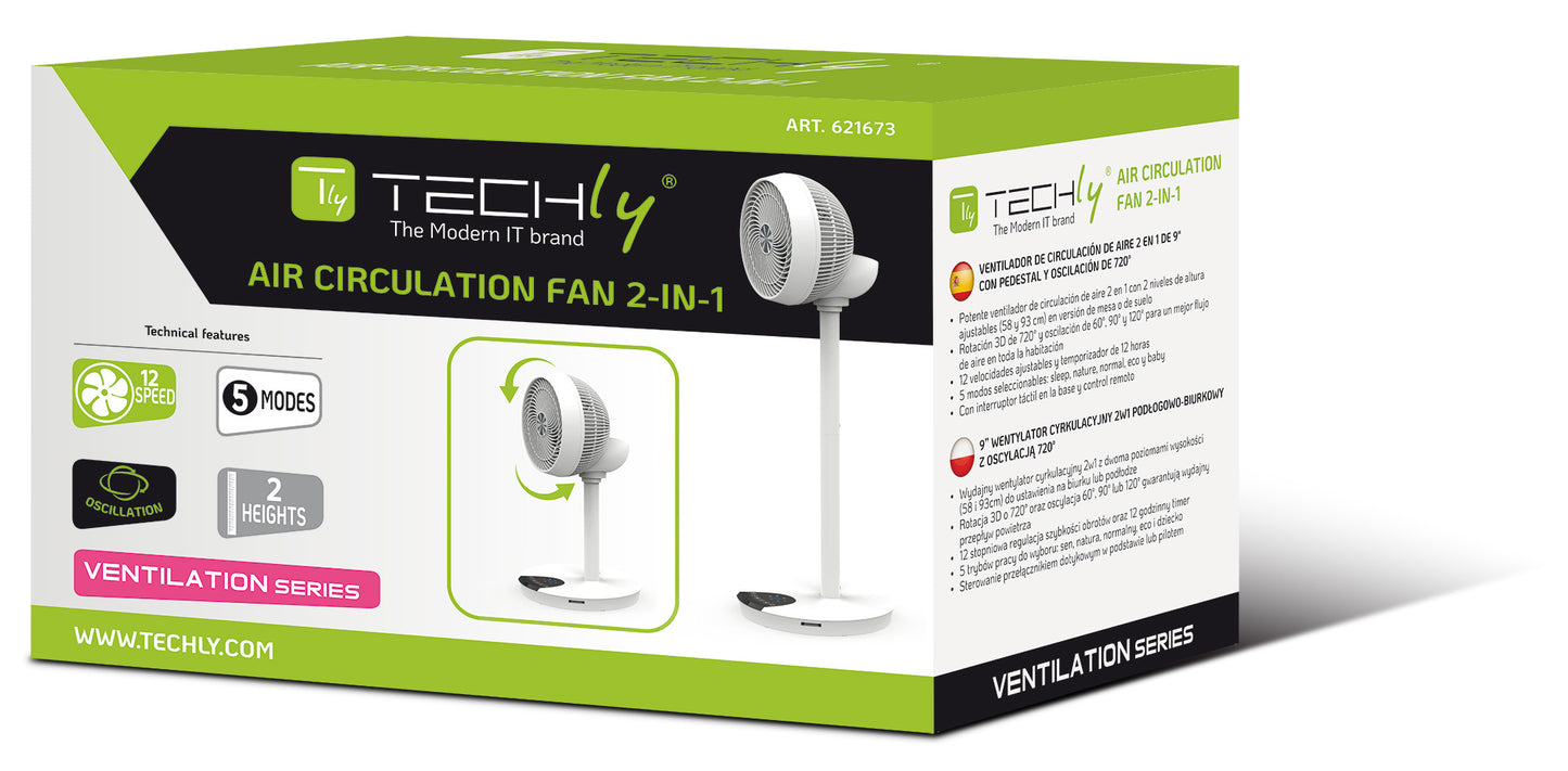Ventilatore 9'' 2 in 1 con Piantana a 2 Altezze 12 Velocità con Telecomando Oscillazione a 720&deg; e Timer