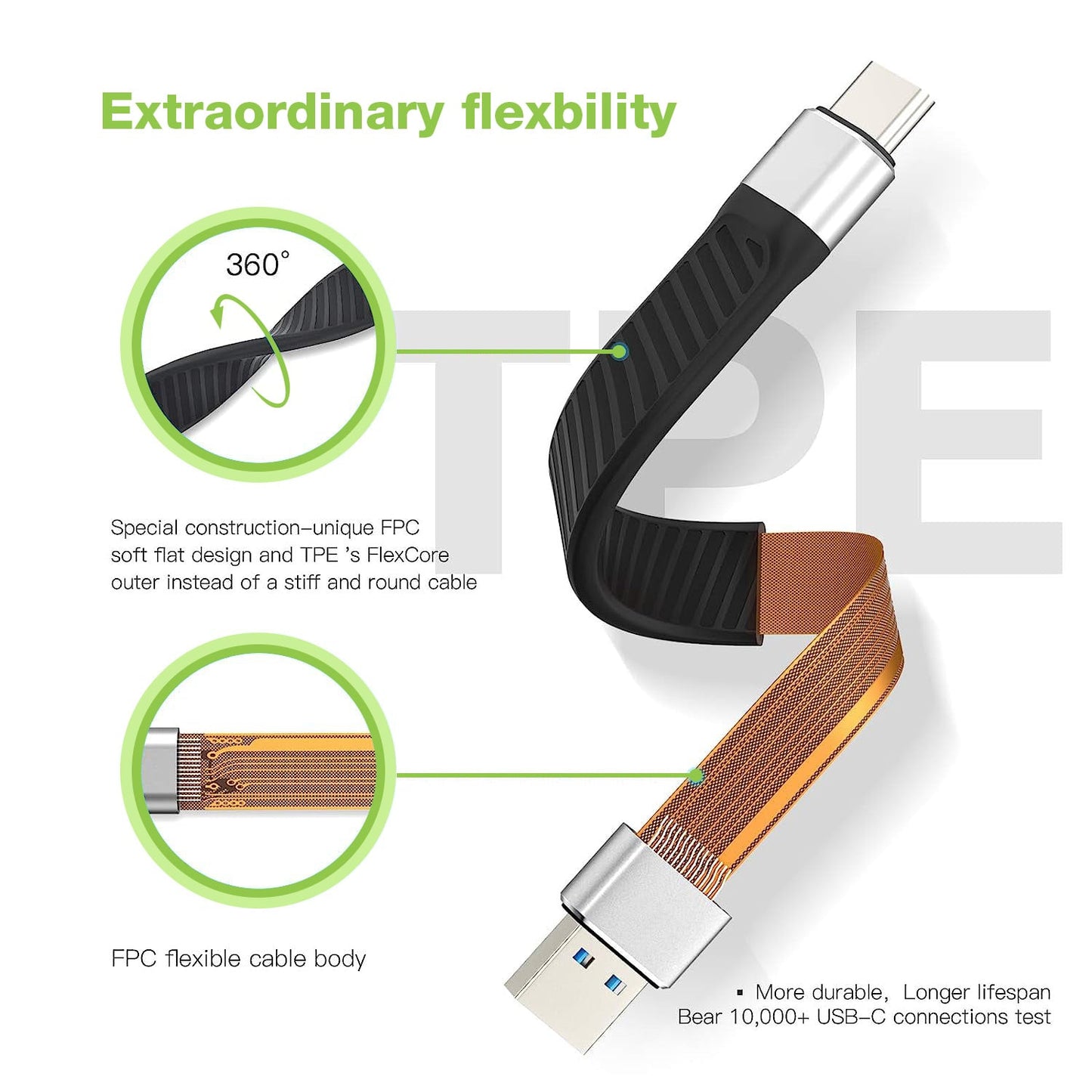 Cavo Corto Piatto USB-C Maschio a USB-A Maschio Ricarica Rapida FPC 12 cm