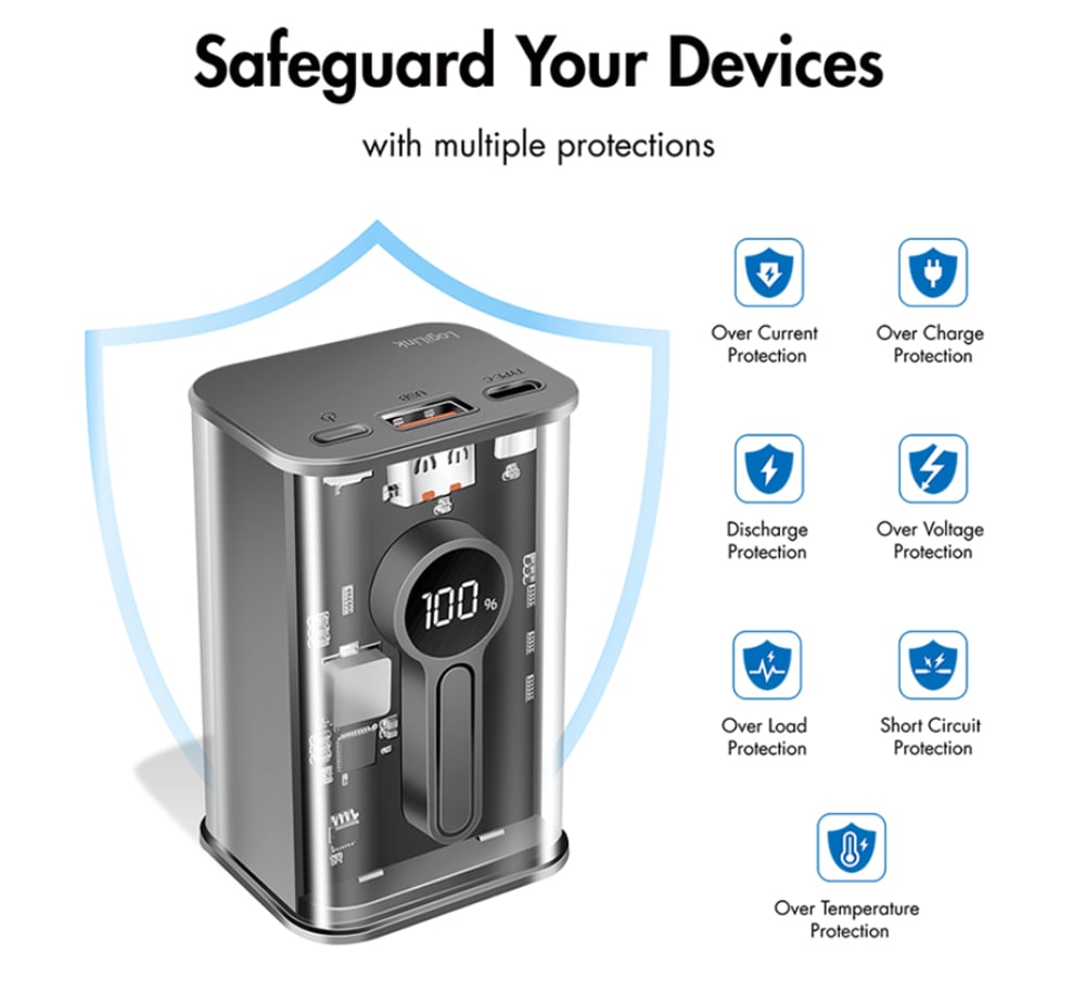 Power Bank 10000 mAh 1x USB-A 1x USB-C con Display PD & QC Trasparente