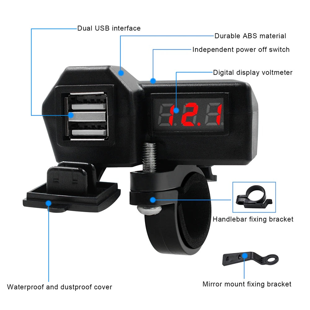 Caricabatterie Cellulare Moto Manubrio Supporto Doppia USB Presa W/ On/Off