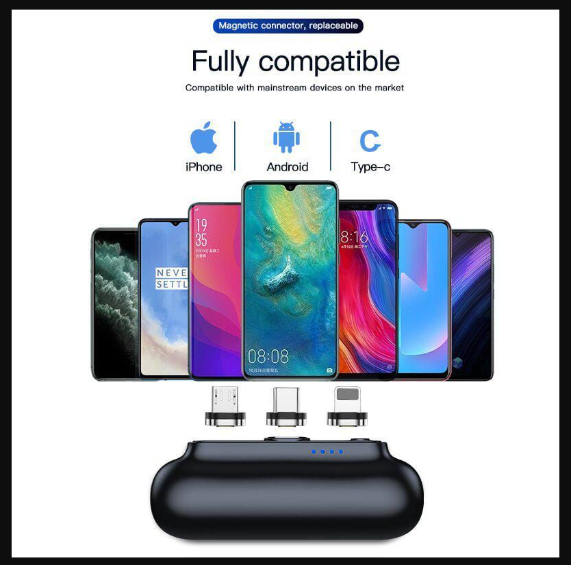 Mini power bank magnetico 3 in 1 5000mah caricabatterie portatile ultra compatta batteria esterna portatile con 3 spine compatibile con iphone samsung galaxy huawei smartphone