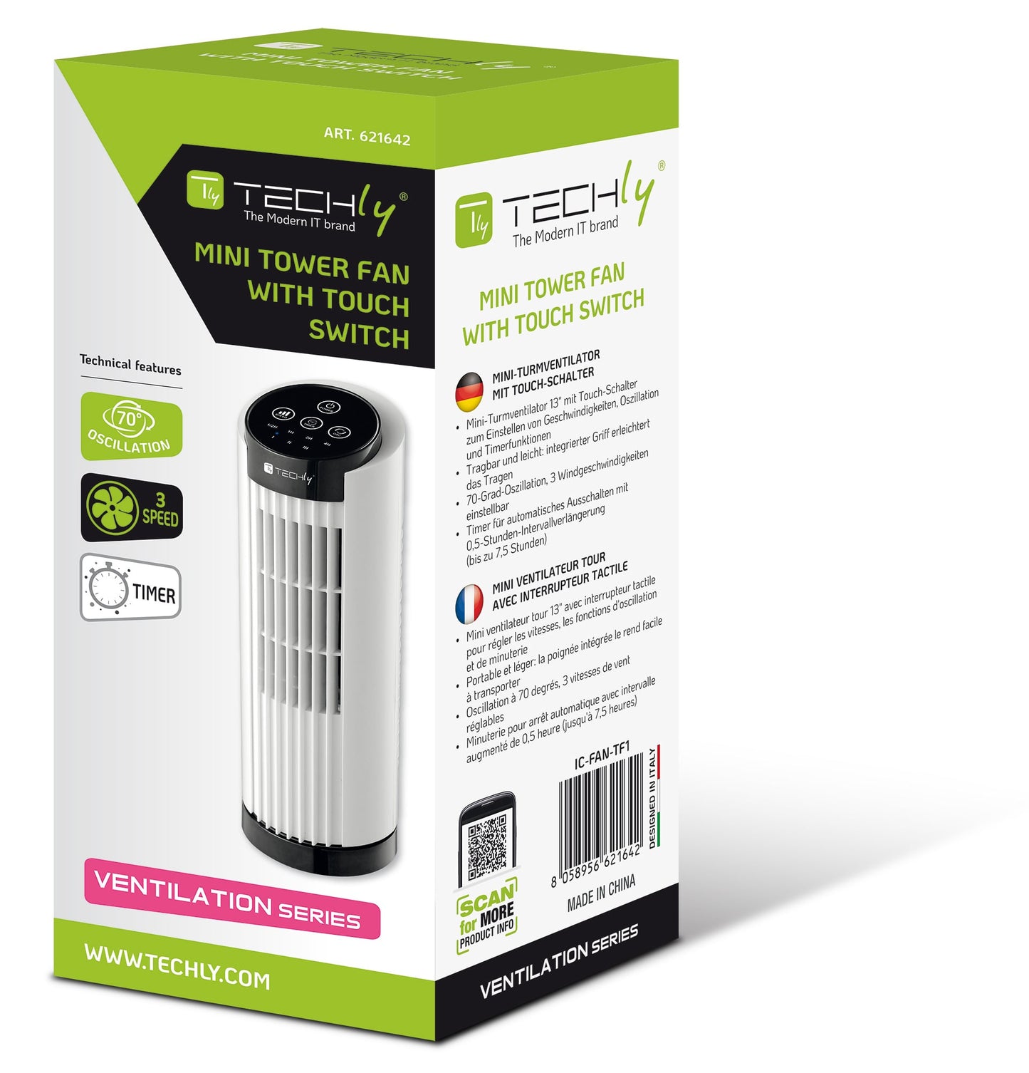 Mini Ventilatore a Torre 13'' 3 Velocità con Interruttore Touch Oscillazione 70° e Timer