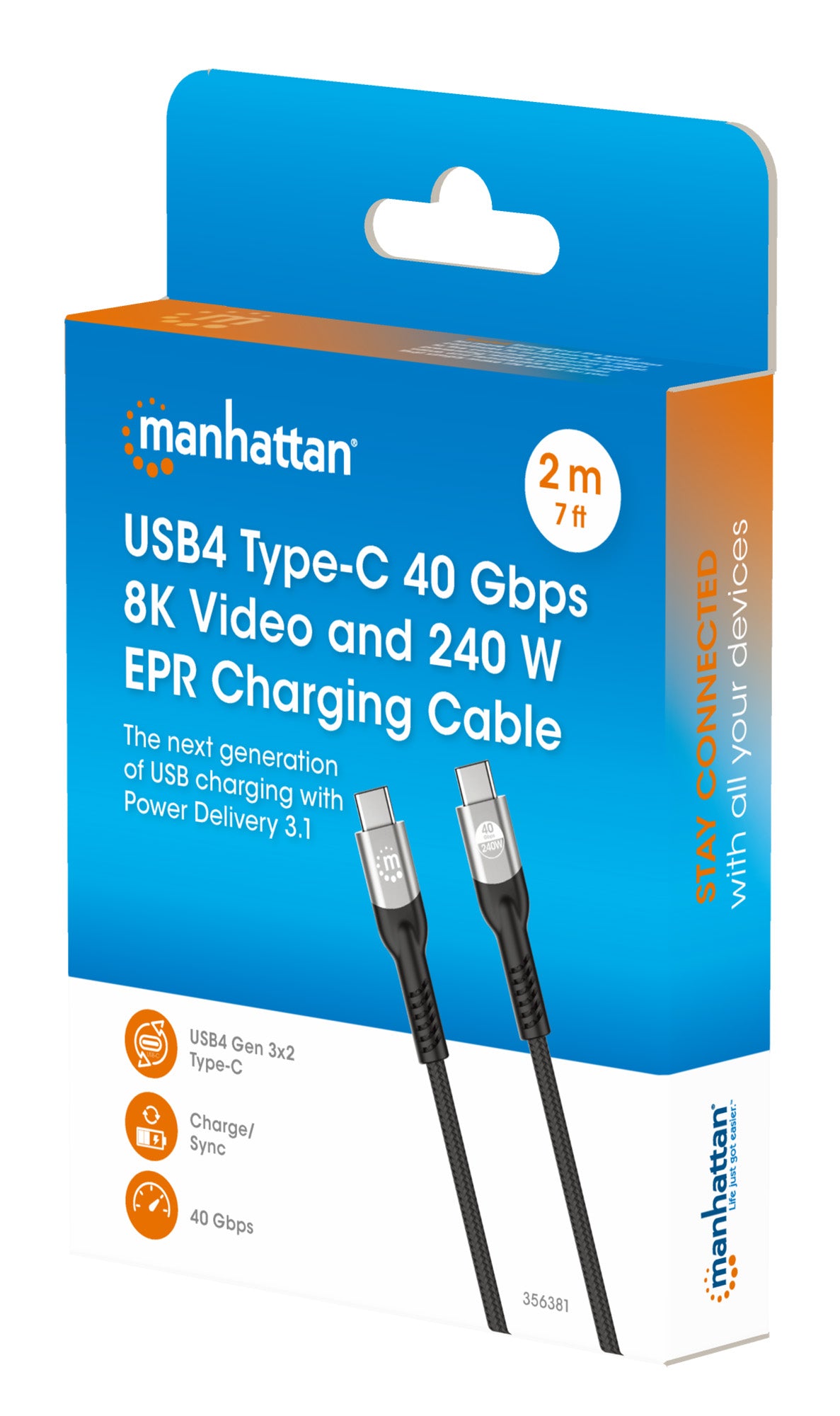 Cavo USB4 EPR USB-C M/M 40G 240W PD 3.1 8K E-Mark 2m