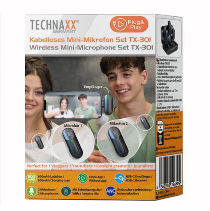 Set 2 Mini Microfoni Lavalier Wireless con Ricevitore USB-C e Custodia di Ricarica, TX301