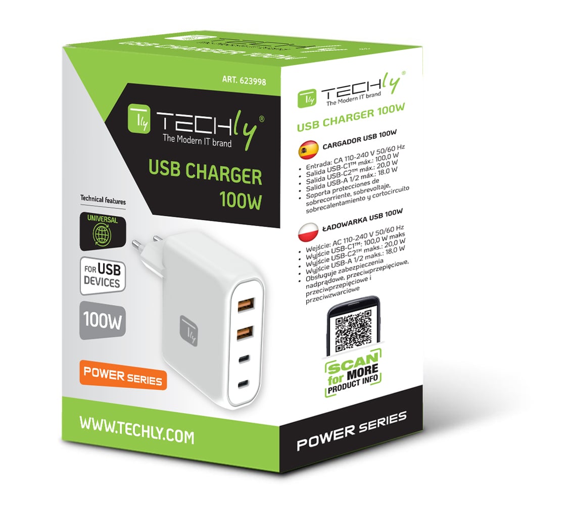 Caricatore Alimentatore 2 Porte USB-C e 2 Porte USB-A da Muro 100W per Smartphone o Tablet