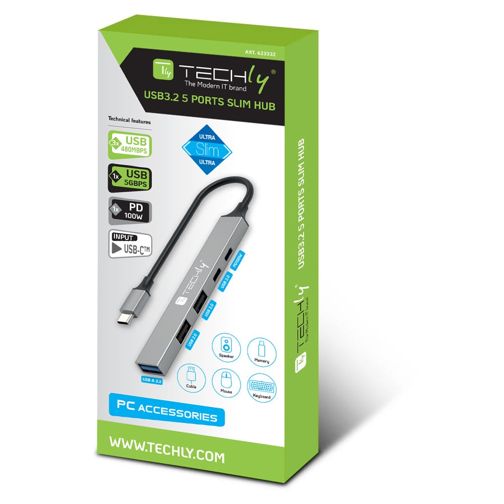 Hub USB 3.2 a 5 porte USB-A/USB-C Slim in Metallo