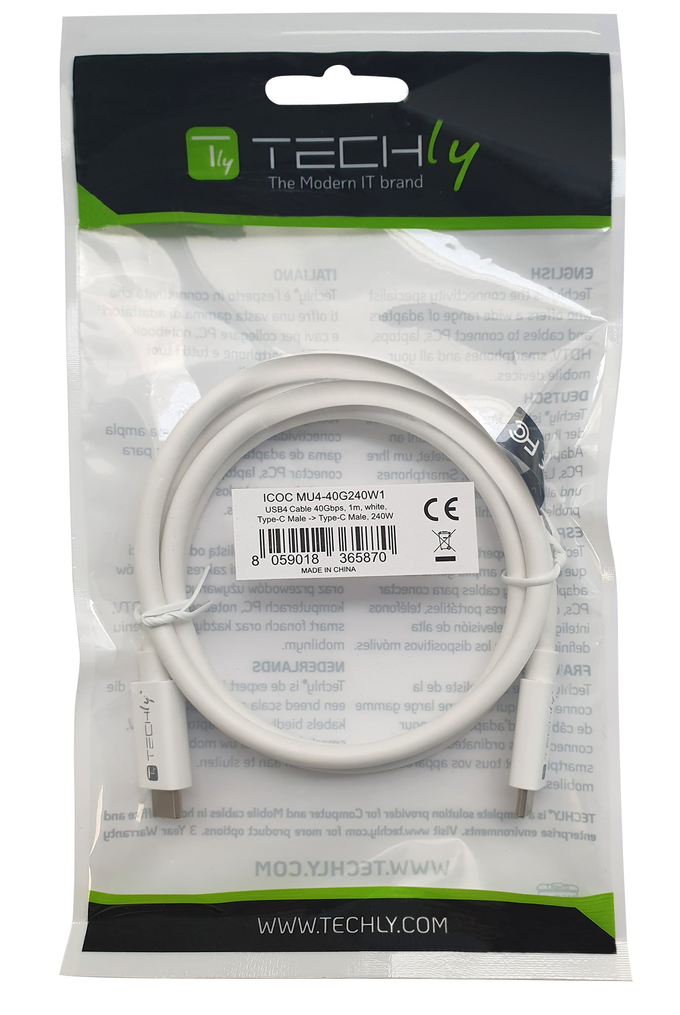 Cavo USB4 Gen3 EPR USB-C M/M 40G 240W PD3.1 8K E-Mark Certificato 1m