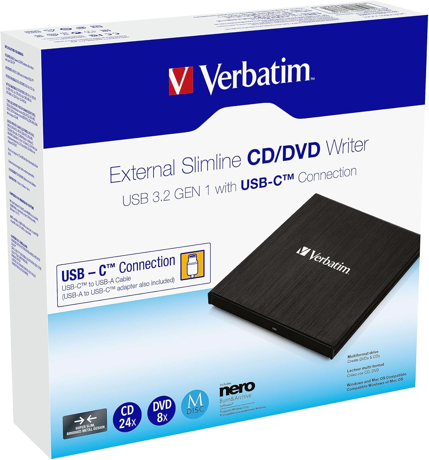 Lettore CD/DVD Esterno Slim USB 3.2 Gen1 con Porta USB-C
