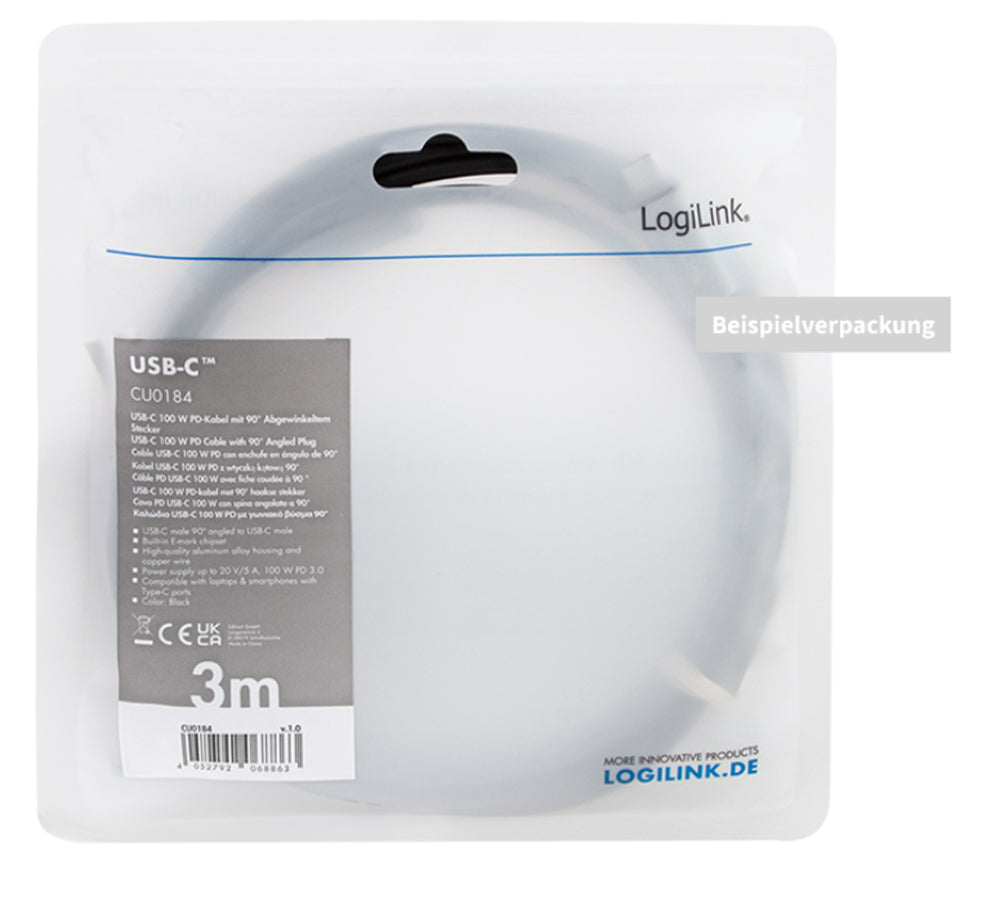 Cavo HighSpeed E-mark PD USB-C Maschio Angolato/USB-C Maschio Dritto 2m Nero