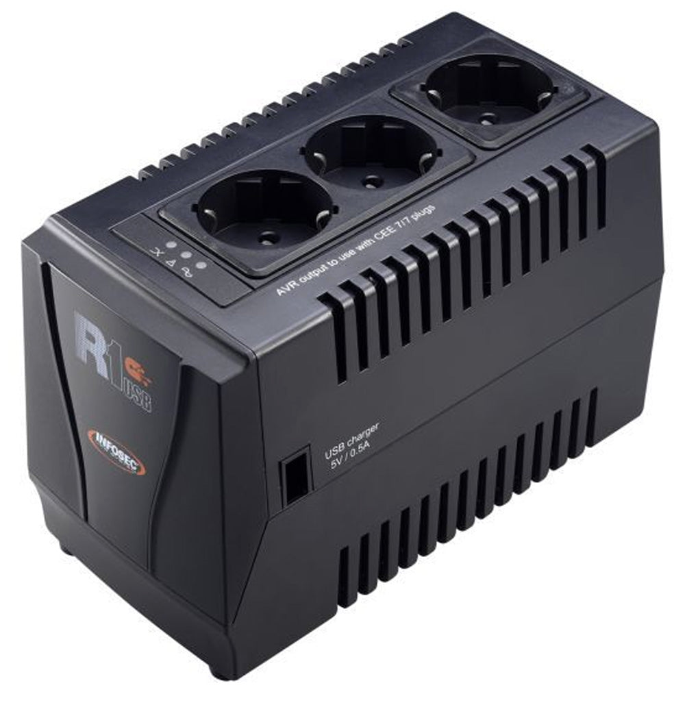 Regolatore automatico di tensione R1 USB 1000VA con 3 Prese Schuko Nero