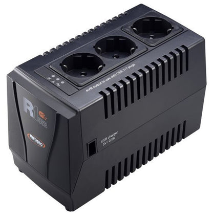 Regolatore automatico di tensione R1 USB 1000VA con 3 Prese Schuko Nero