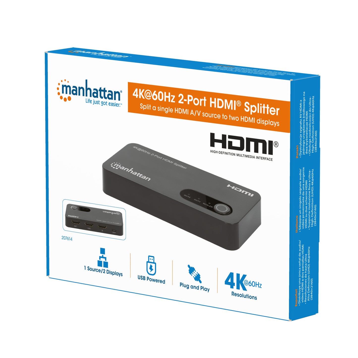 Splitter HDMI 4K@60Hz UHD 3D con LED 2 vie