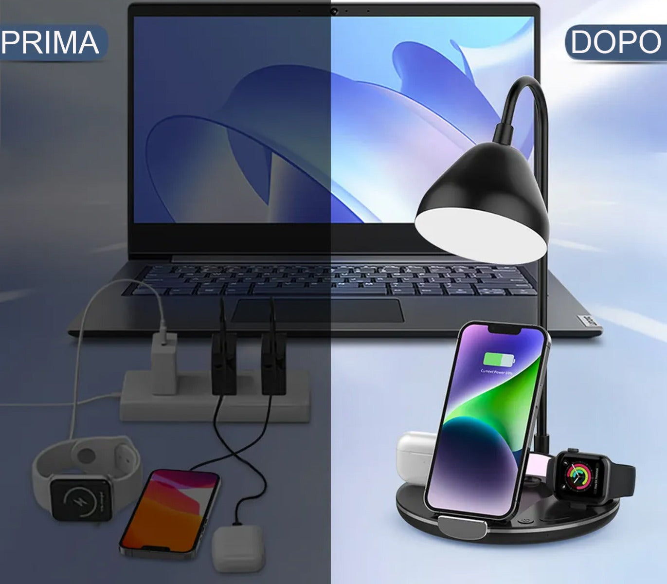 Lampada da tavolo led ricaricabile 5in1 senza fili caricabatterie wireless