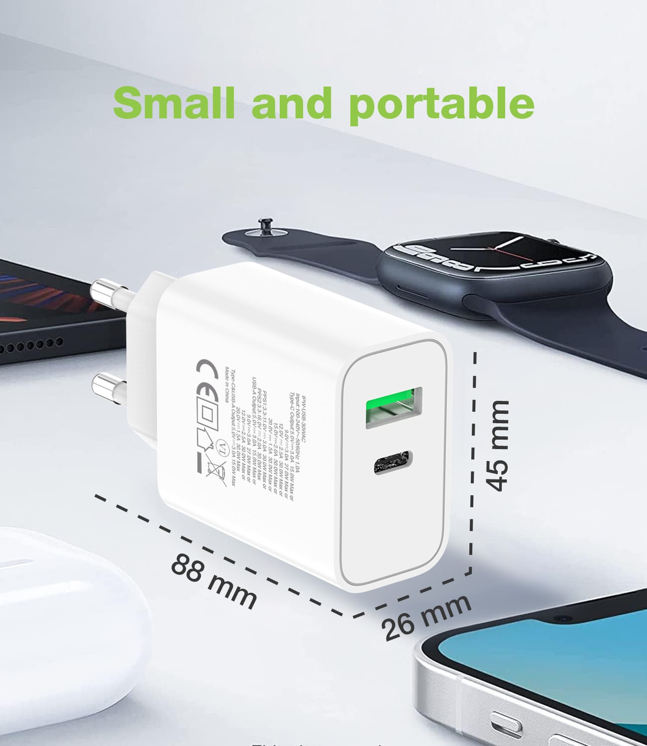 Caricatore Alimentatore GaN USB-C 30W e USB-A QC3.0 da Muro