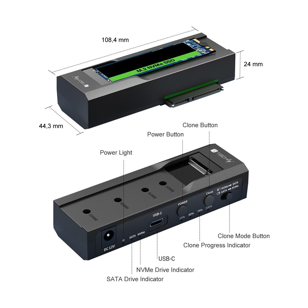 Adattatore/Duplicatore per HDD/SSD SATA da 2,5”/3,5” e SSD NVME M.2