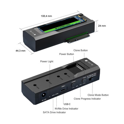 Adattatore/Duplicatore per HDD/SSD SATA da 2,5”/3,5” e SSD NVME M.2