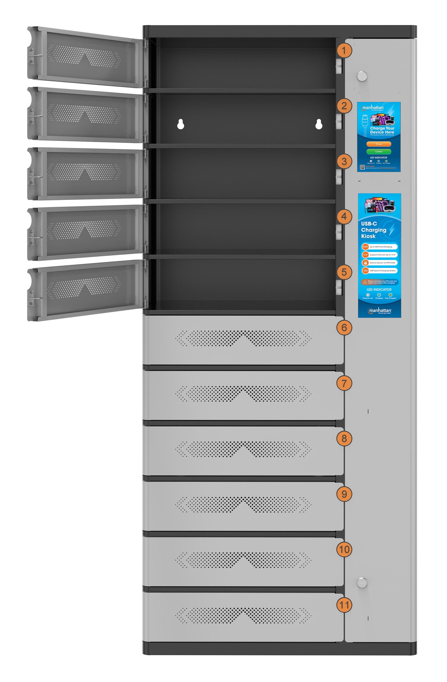 Armadio di Ricarica USB-C 11 Scomparti con Chiusura a PIN e Touchscreen 500W Grigio